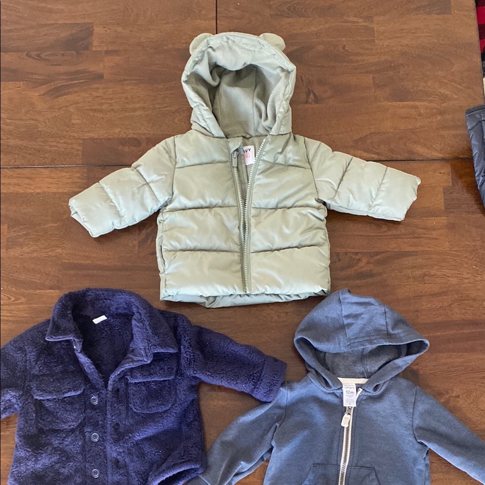 Lot of 3 baby boys outerwear 6-12 mo - fleece jacket, puffer coat with hood